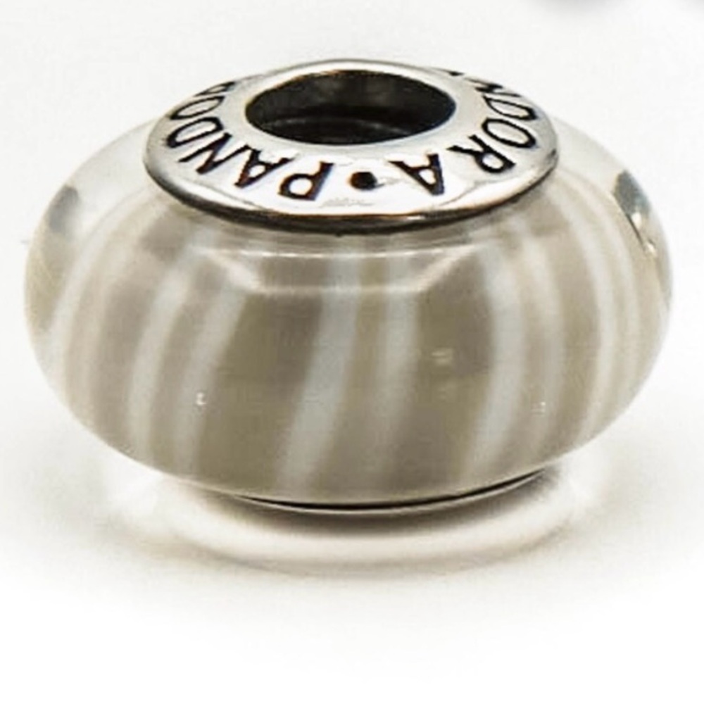 Pandora Murano Glass Gray and White Candy Stripe Bead/Charm with Silver Accent